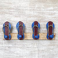 Wood coat rack, 'Flip Flops in Maroon and Blue' - Hand Carved Wood Coat Rack Agel Grass from Indonesia