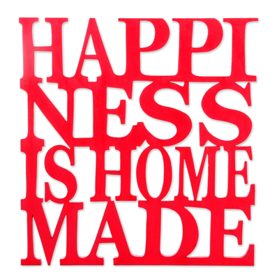 Wood wall art, 'Happiness is Home Made in Red' - Hand Carved Inspirational Wall Art from Indonesia