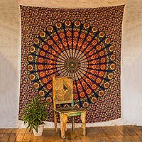 Cotton wall hanging, 'Leafy Mandala' - Orange Cotton Buddhist Mandala Bohemian Wall Tapestry