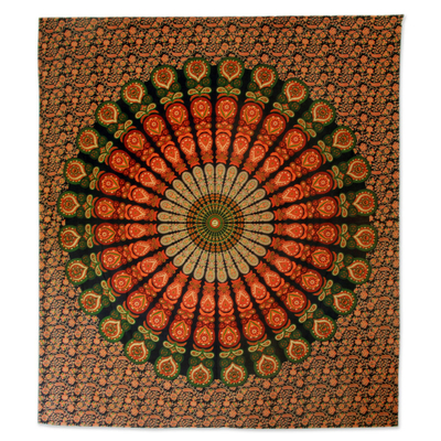 Colgante de pared de algodón, 'Leafy Mandala' - Tapiz de pared bohemio de mandala budista de algodón naranja