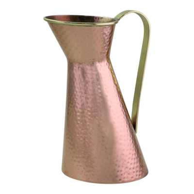 Copper pitcher, 'Cheerful Feast' - Hand Made Copper Pitcher with Brass Handle from India