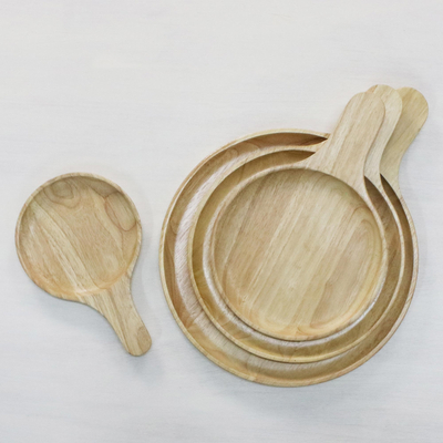 Platos de madera para servir (juego de 4) - 4 platos de madera artesanales tallados a mano en Tailandia
