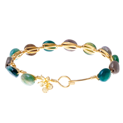 Gold plated agate bangle bracelet, 'Flower Trellis' - Agate Gold Plated Beaded Bangle Bracelet from Thailand