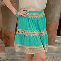 Viscose skirt, 'Ruffled Green' - Lace Trim Green Viscose Skirt