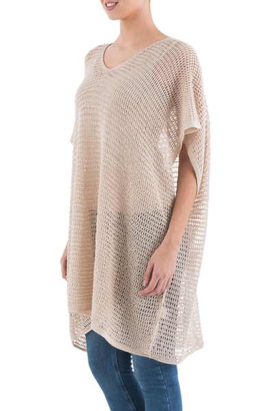 Knit tunic, 'Beige Dreamcatcher' - Beige Tunic with V Neck and Short Sleeves