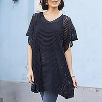 Knit tunic, 'Navy Dreamcatcher' - Navy Tunic with V Neck and Short Sleeves