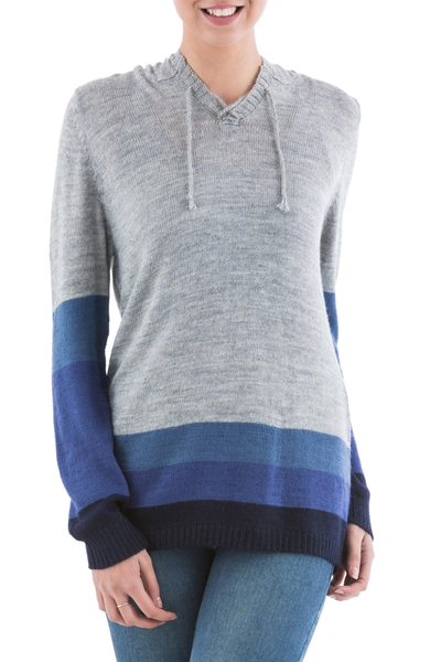 Suéter con capucha, 'Blue Imagination' - Suéter con capucha a rayas azules y grises de Perú