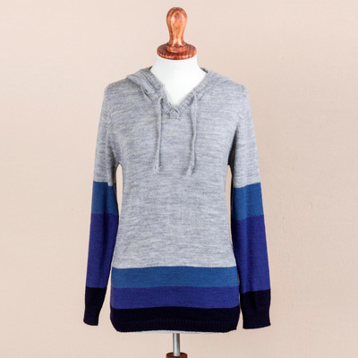 Suéter con capucha, 'Blue Imagination' - Suéter con capucha a rayas azules y grises de Perú