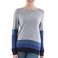 Suéter pullover, 'Imagine in Blue' - Suéter pullover de rayas azules y grises de Perú