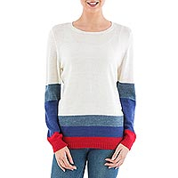 Pullover sweater, 'Imagine in Ivory' - Ivory Pullover Sweater with Blue and Red Stripes