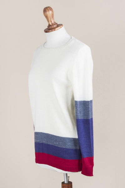 Pullover sweater, 'Imagine in Ivory' - Ivory Pullover Sweater with Blue and Red Stripes