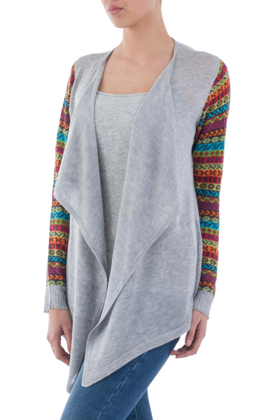 Cotton blend cardigan, 'Market Walk in Ash Grey' - Solid Grey Open Cardigan with Multicolored Patterned Sleeves