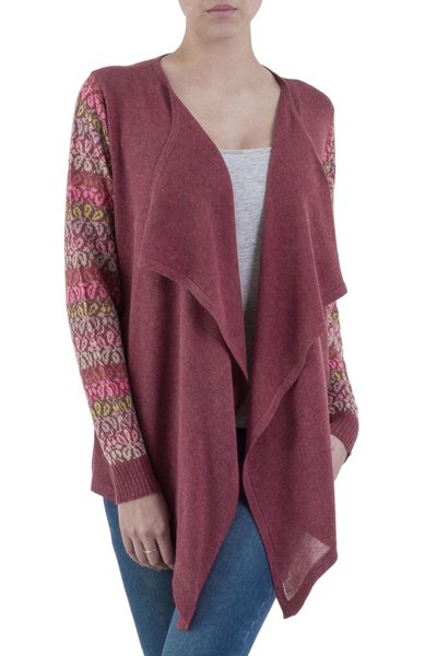 Cotton blend cardigan, 'Garden in Wine' - Wine Red Peruvian Open Front Cardigan with Florid Sleeves
