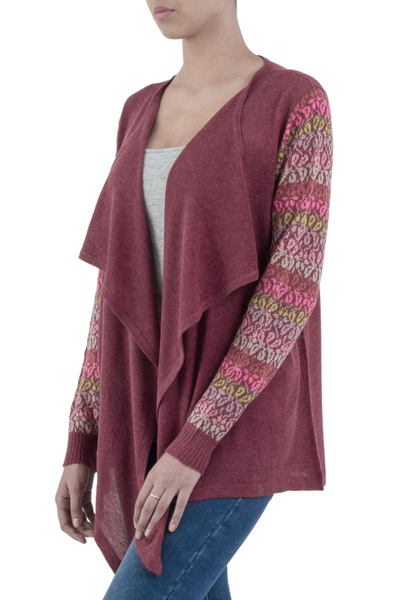 Cotton blend cardigan, 'Garden in Wine' - Wine Red Peruvian Open Front Cardigan with Florid Sleeves