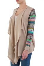 Cotton blend cardigan, 'Beige Southern Star' - Solid Beige Open Cardigan with Patterned Sleeves from Peru