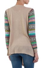 Cotton blend cardigan, 'Beige Southern Star' - Solid Beige Open Cardigan with Patterned Sleeves from Peru
