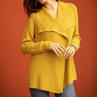 Alpaca blend cardigan, 'Filtered Sunlight' - Mustard Alpaca Blend Shawl Collar Cardigan Sweater