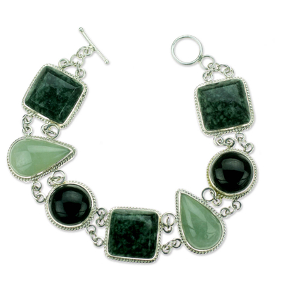 Jade link bracelet, 'Natural Geometry' - Green and Black Jade on Sterling Silver Bracelet