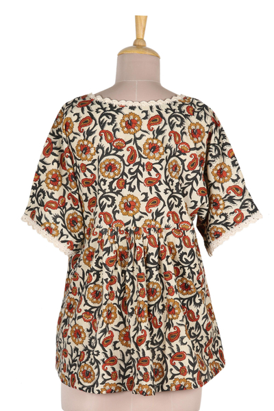 Short-sleeved cotton blouse, 'Paisley Symphony' - V-Neck Cotton Floral Paisley Print Top with Crochet Trim