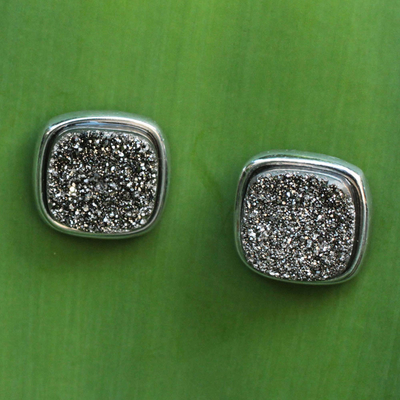 Brazilian drusy agate button earrings, 'Dazzle By Night' - Brazilian Drusy Rhodium Plated Square Earrings