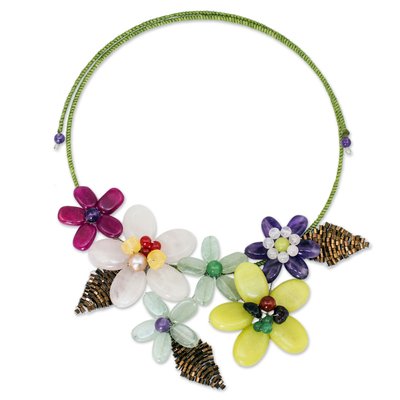 Amethyst and quartz flower necklace, 'Purple Yellow Bouquet' - Artisan Crafted Multi-gemstone Flower Necklace