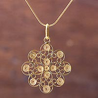 Gold vermeil pendant necklace, 'Gardenia Filigree' - Floral Filigree Artisan Crafted Gold Vermeil Necklace