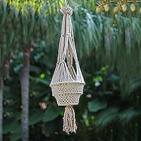 Cotton hanging planter, 'Madura Dance' - Hand Woven 100% Cotton Hanging Planter from Indonesia