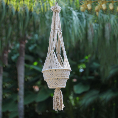 Cotton hanging planter, 'Madura Dance' - Hand Woven 100% Cotton Hanging Planter from Indonesia