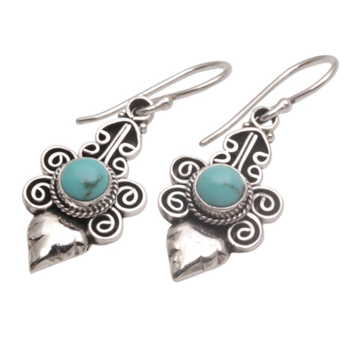 Turquoise dangle earrings, 'Temple Leaves' - Turquoise and Sterling Silver Dangle Earrings from Bali