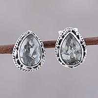 Prasiolite stud earrings, 'Verdant Mist' - 3-Carat Prasiolite Teardrop Stud Earrings from India