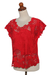 Rayon short-sleeved top, 'Rose Mallow in Red' - Red Floral Openwork and Embroidered Rayon Top (image 2b) thumbail