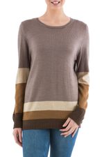 Pullover sweater, 'Imagine in Brown' - Brown Striped Pullover Sweater from Peru