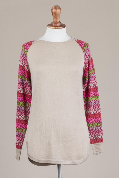 Cotton blend sweater, 'Garden Vine in Pale Beige' - Tunic Sweater in Pale Beige with Multi Color Floral Sleeves
