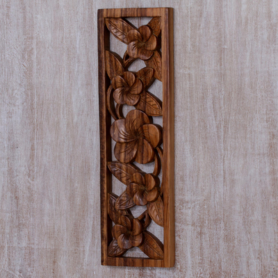 Wood relief panel, 'Jepun Wall' - Hand Crafted Suar Wood Floral Relief Panel from Bali