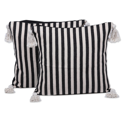 Cotton cushion covers, 'Delightful Stripes' (pair) - Pair of Woven Black and White Striped Cushion Covers