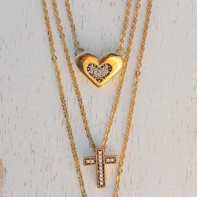 Gold plated drusy agate pendant necklaces, 'Cross My Heart' (set of 3) - Gold Plated Drusy Agate Heart and Cross Necklaces (Set of 3)