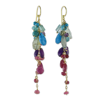 Gold plated multi-gemstone dangle earrings, 'Berry Sky' - Gold Plated Multi-Gem Dangle Earrings from Thailand