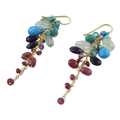 Gold plated multi-gemstone dangle earrings, 'Berry Sky' - Gold Plated Multi-Gem Dangle Earrings from Thailand
