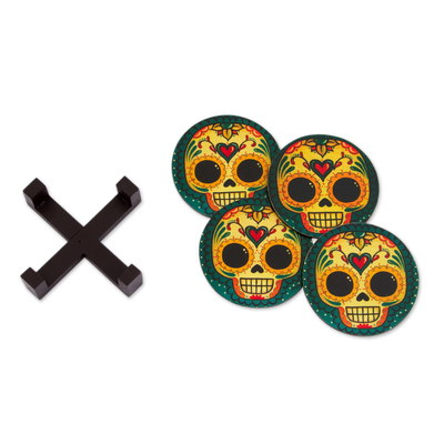Decoupage wood coasters, 'Loving Skull' (set of 4) - 4 Day of the Dead Smiling Skulls Decoupage Wood Coaster Set