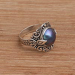 Blue Cultured Pearl Cocktail Ring from Bali, 'Bali Grace'