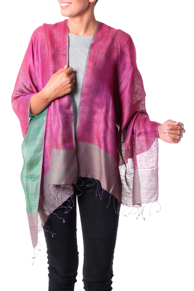 Silk reversible shawl, 'Amethyst Emerald' - Violet and Green Reversible Silk Shawl Wrap from India