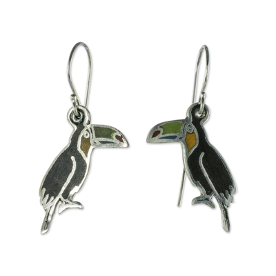 Sterling silver and enamel dangle earrings, 'Bright Toucan' - Enameled Sterling Silver Toucan Earrings