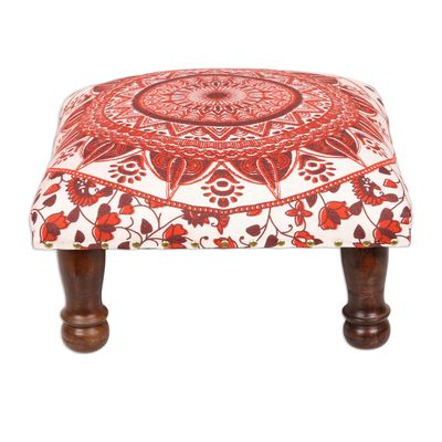 Upholstered ottoman foot stool, 'Red Floral Mandala' - Red Mandala Motif Ottoman with Wood Legs