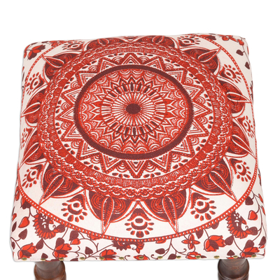 Upholstered ottoman foot stool, 'Red Floral Mandala' - Red Mandala Motif Ottoman with Wood Legs