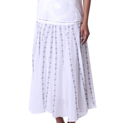 Falda de algodón - Falda blanca 100% algodón con estampado floral gris bordado