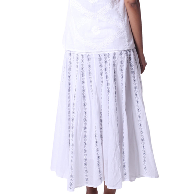 Cotton skirt, 'Floral Stripes' - White 100% Cotton Skirt with Embroidered Grey Floral Pattern