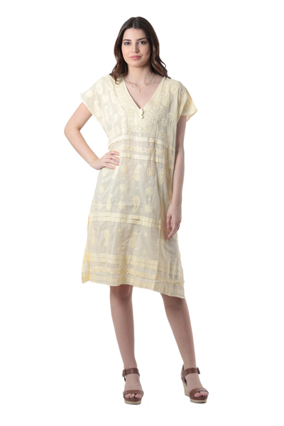 Embroidered cotton shift dress, 'Paisley Garden in Yellow' - Hand Made Embroidered Yellow Cotton Shift Dress