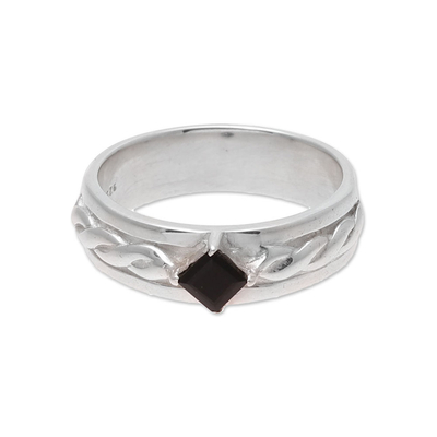 Onyx solitaire ring, 'Sparkling Kite' - Faceted Onyx Solitaire Ring from India