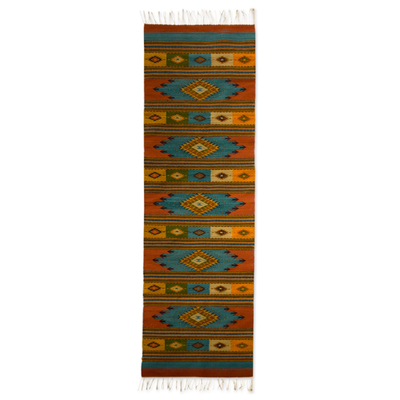 Tapete de lana zapoteca, (2.5x10) - Alfombra de corredor zapoteca tejida en telar con motivo de estrella mexicana