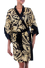 Silk robe, 'Golden Dusk' - Women's Short Black Silk Robe with Pale Yellow Flowers